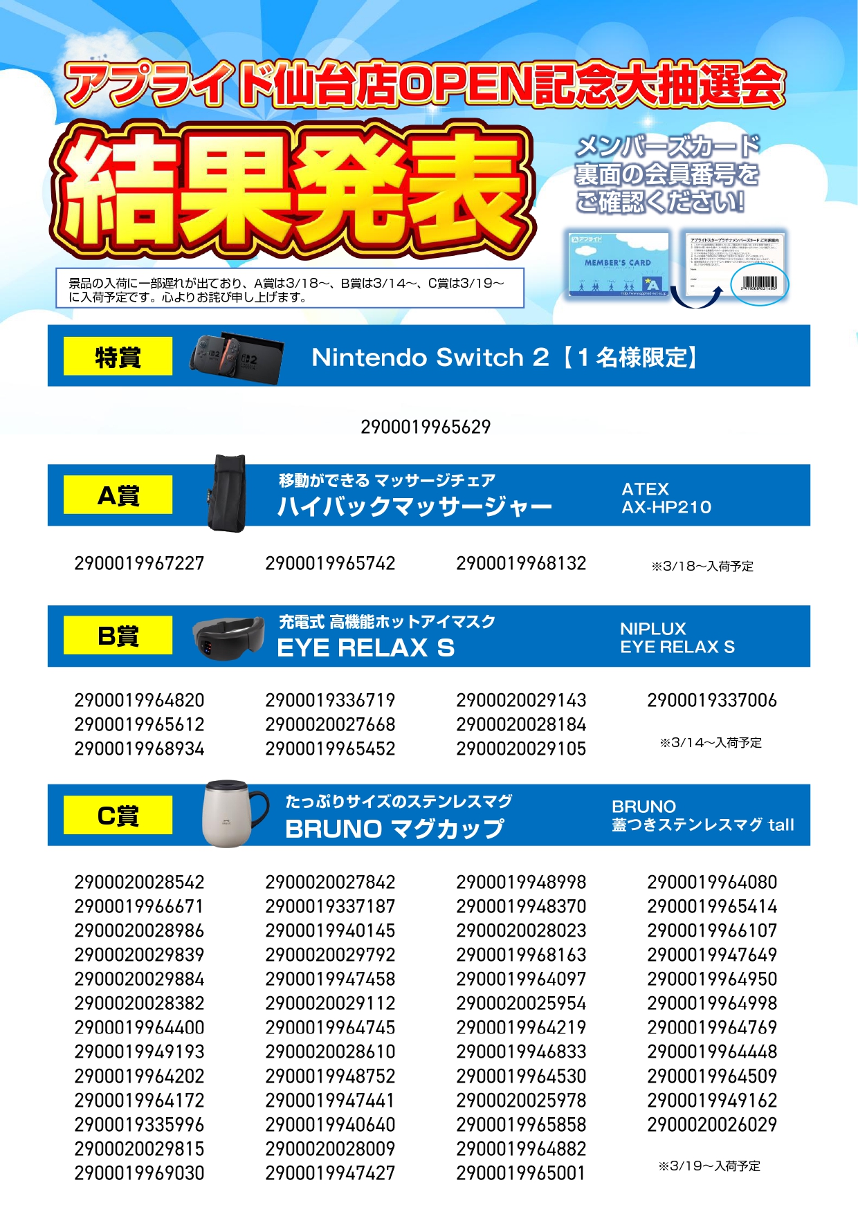 アプライド仙台店OPEN記念大抽選会 結果発表